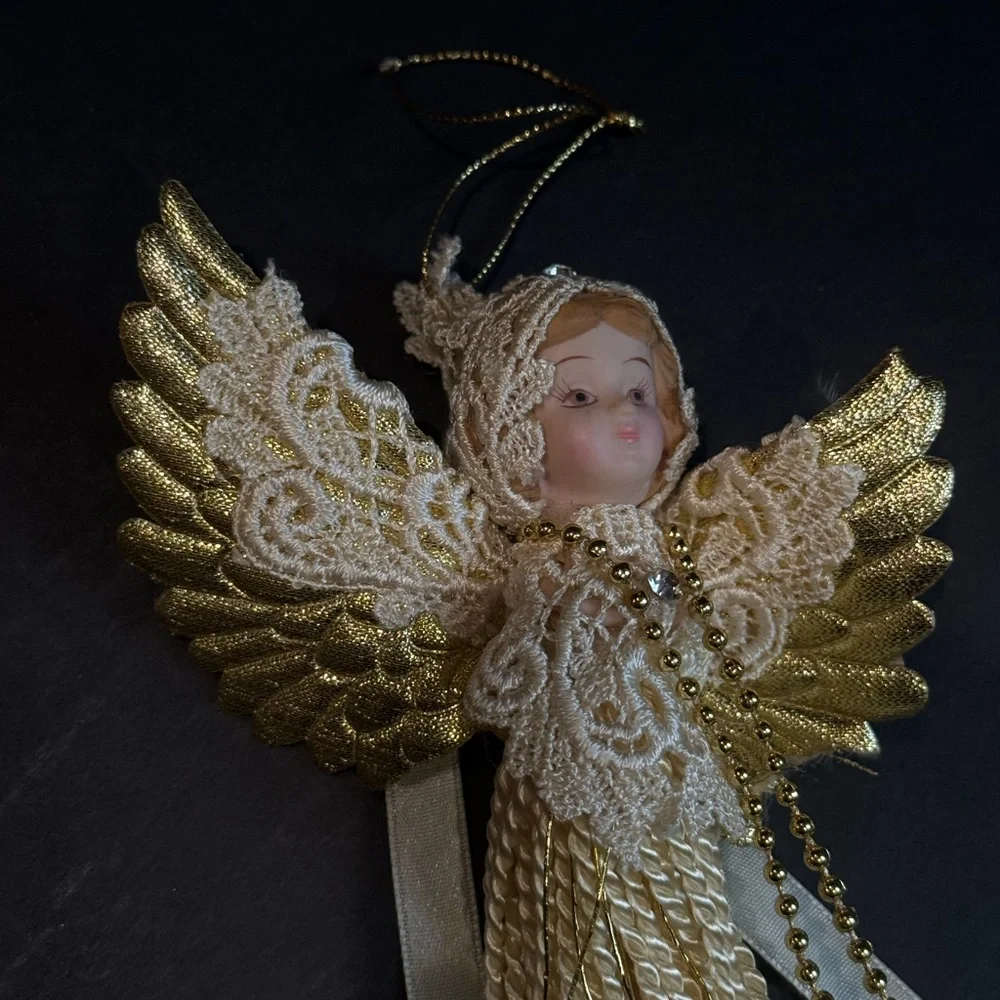 Elegant‎ Gold Angel Ornament Vintage, made with lace and fabric.